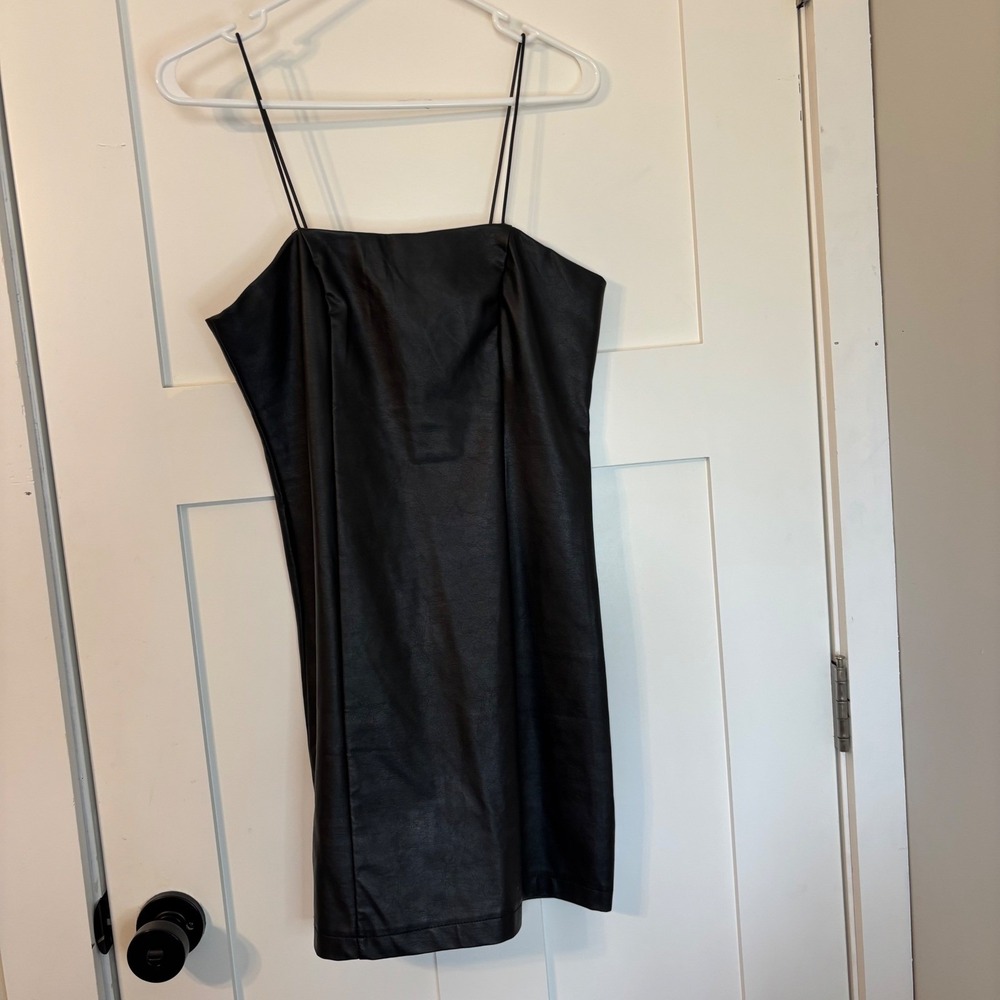 Wild Fable Black Faux Leather Spaghetti Strap Mini Dress Small Glam Drama Chic